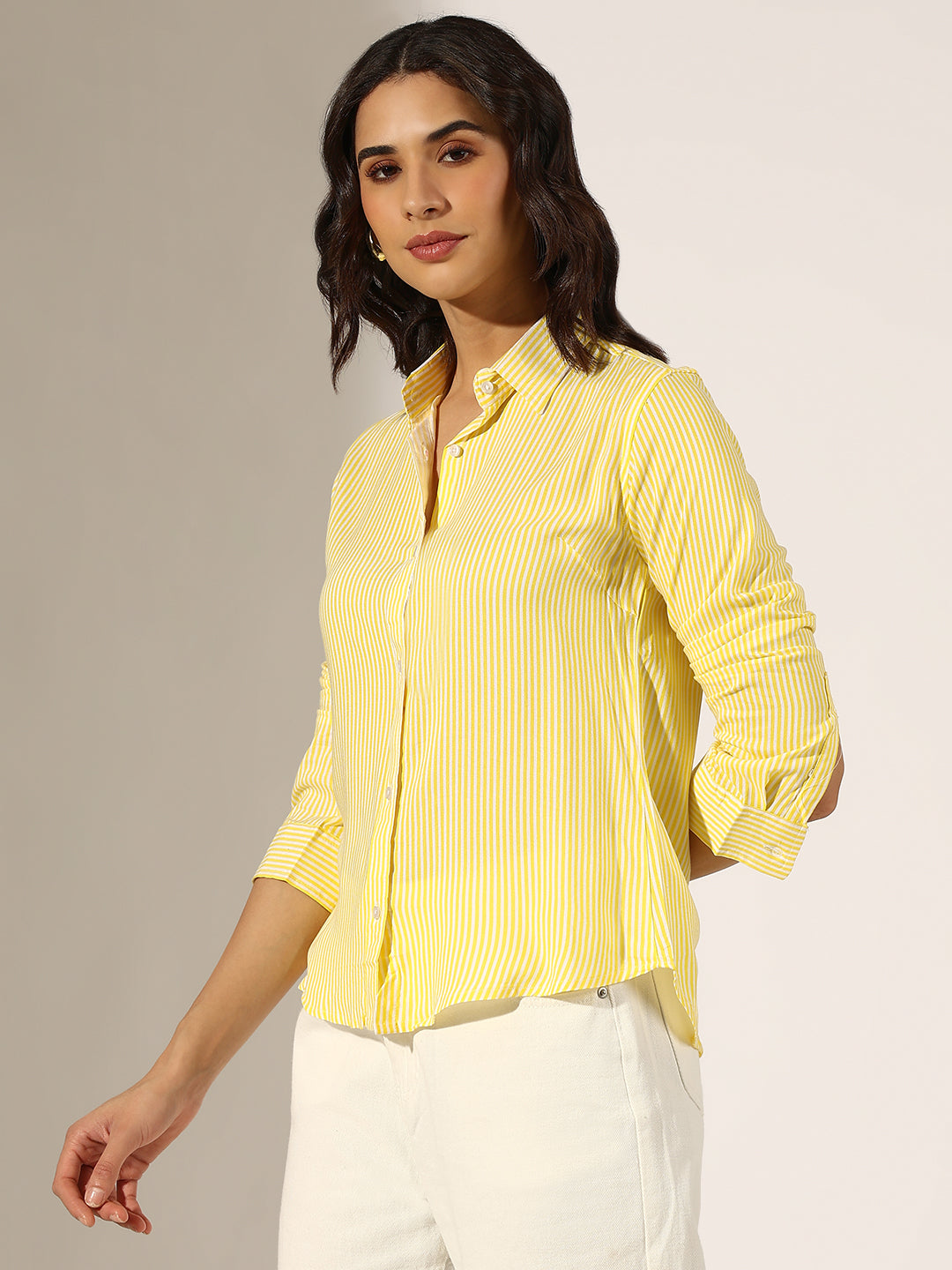 Women's Pinstriped Yellow Button-Down Shirt