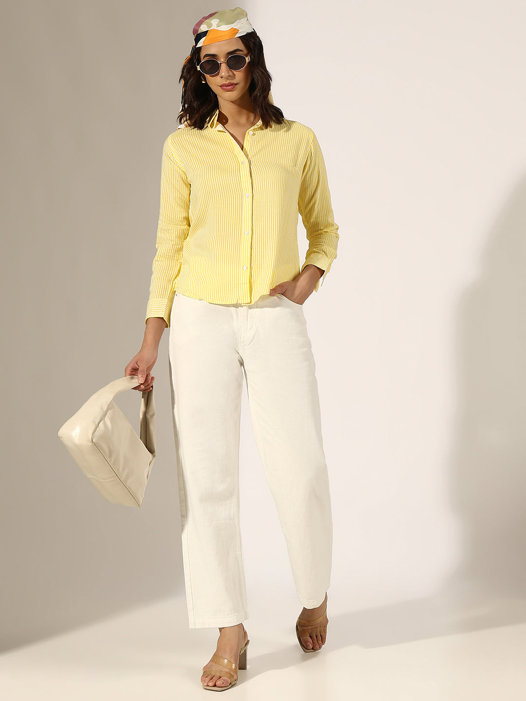 Women's Pinstriped Yellow Button-Down Shirt