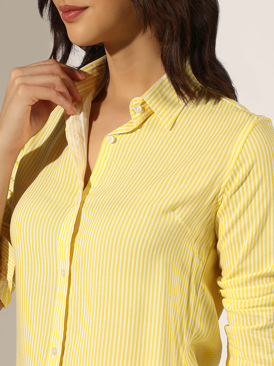 Women's Pinstriped Yellow Button-Down Shirt