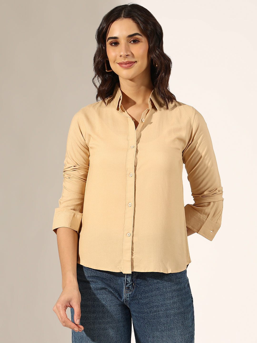 Women's Brown Long Sleeve Button-Down Shirt