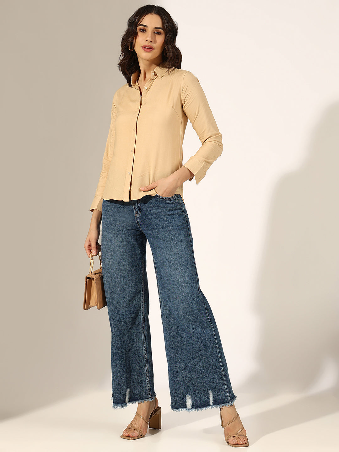 Women's Brown Long Sleeve Button-Down Shirt