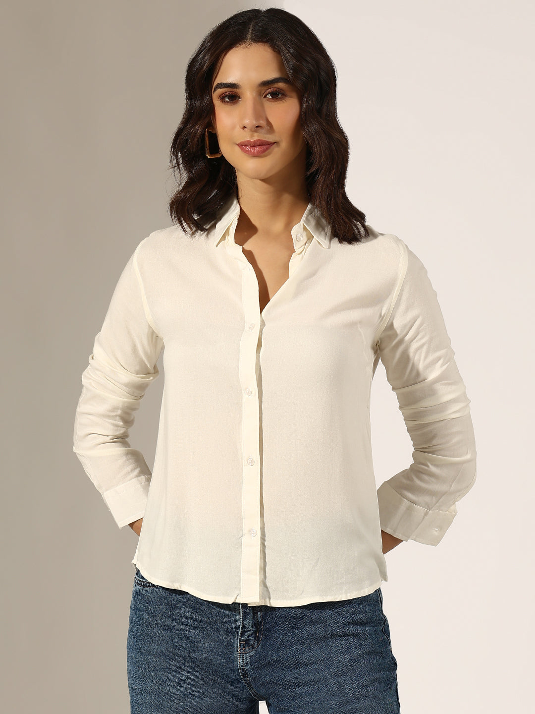 Women's Off-White Long Sleeve Button-Down Shirt