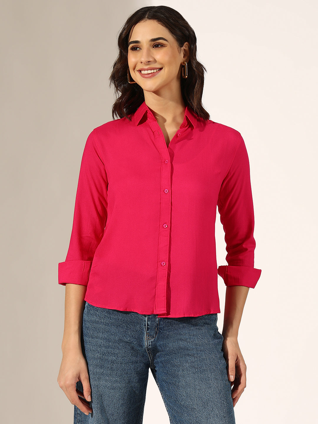 Women's Pink Long Sleeve Button-Down Shirt
