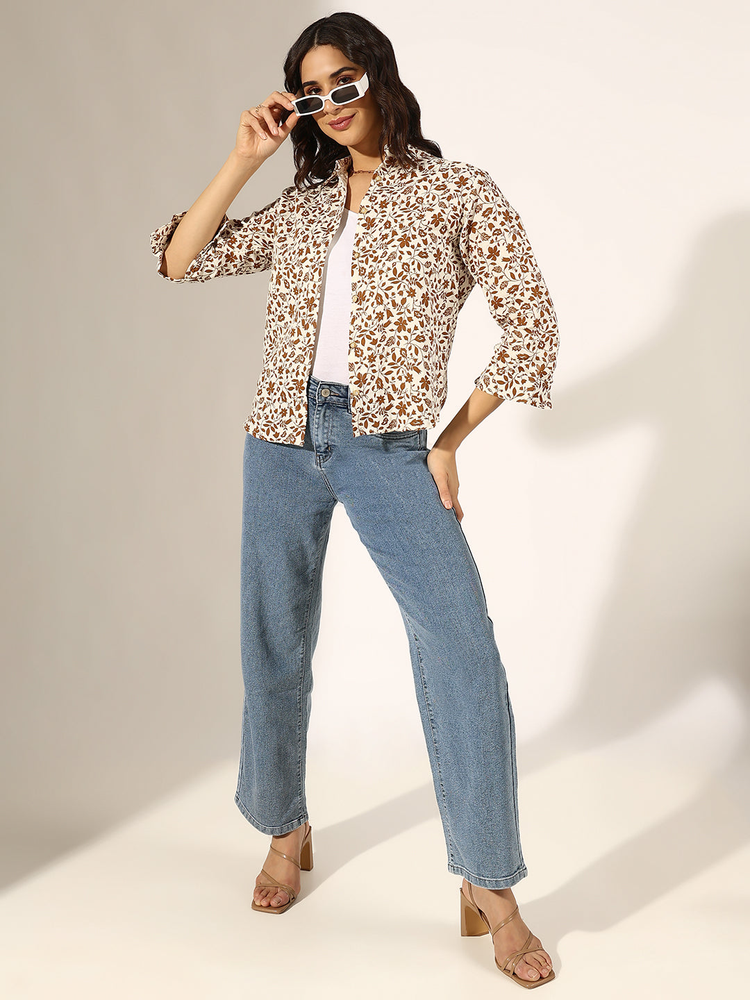 Women's Floral White Button-Down Shirt