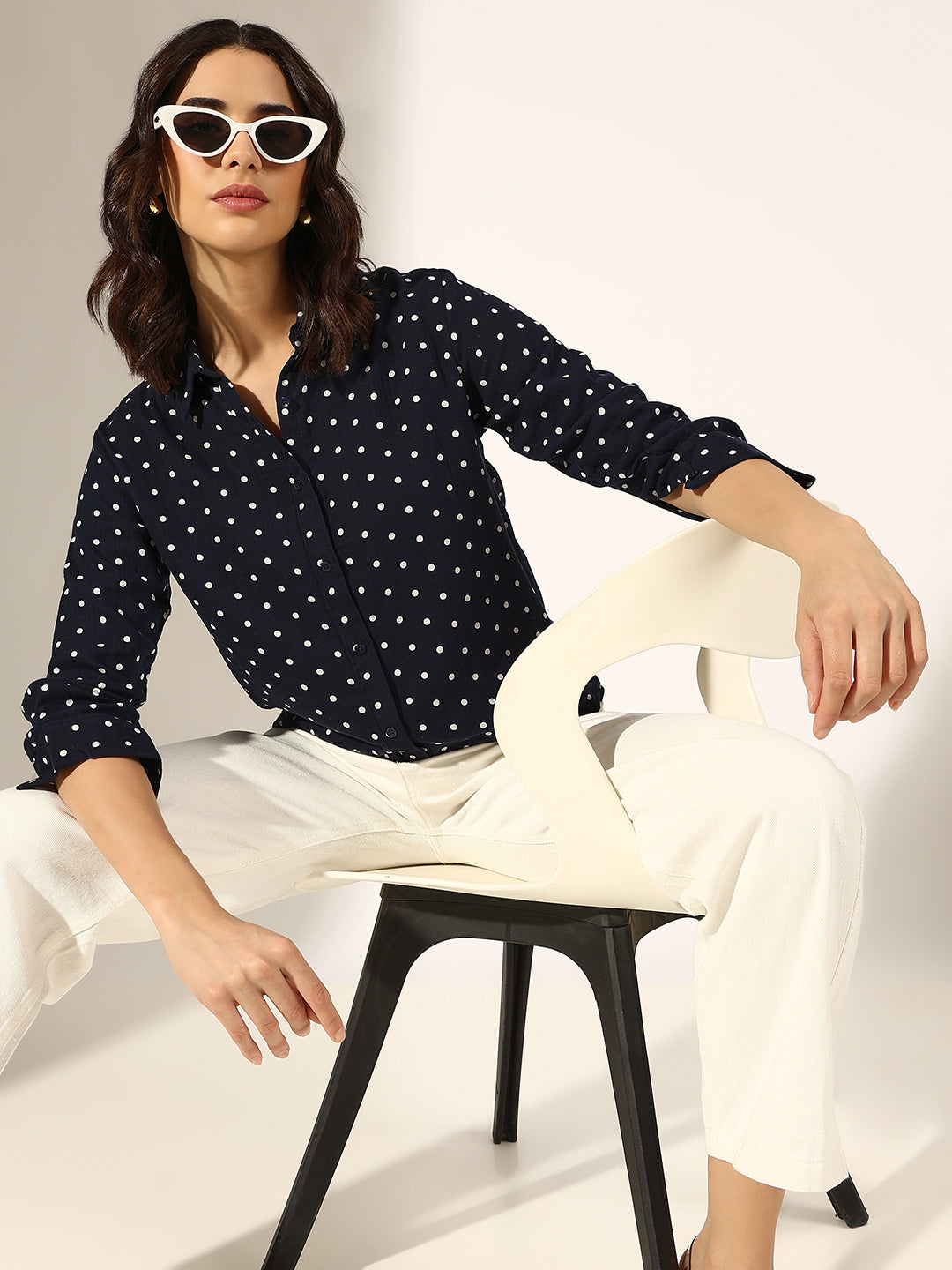 Women's Navy Blue Polka Dot Button-Down Shirt
