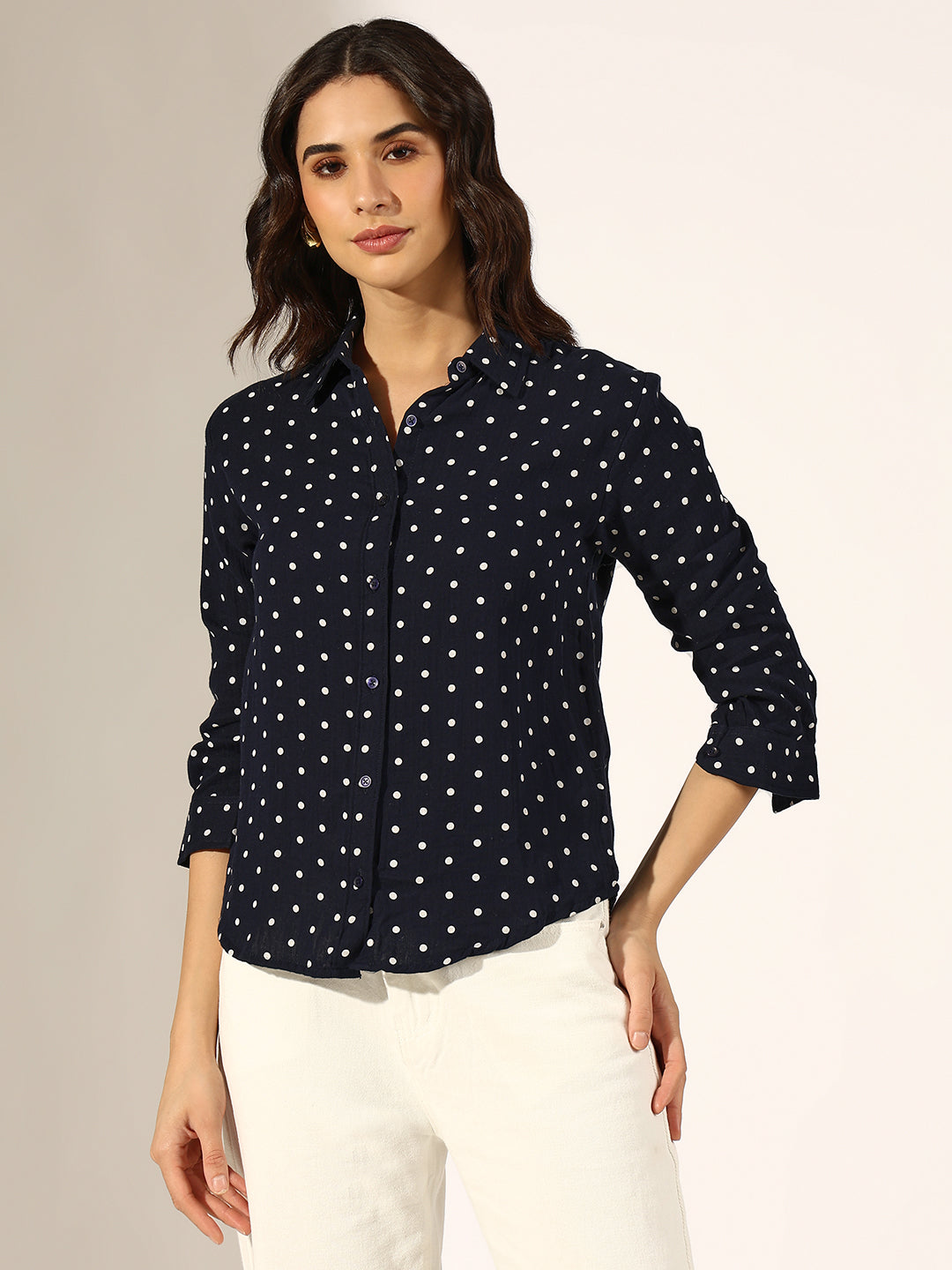 Women's Navy Blue Polka Dot Button-Down Shirt