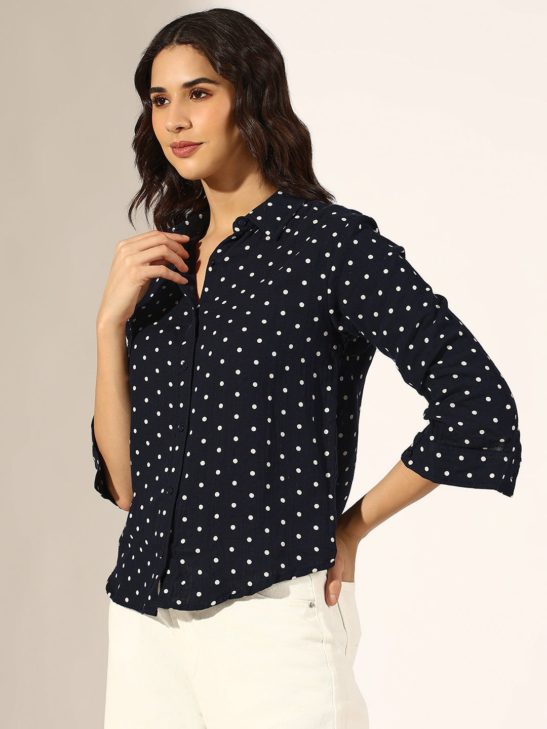 Women's Navy Blue Polka Dot Button-Down Shirt
