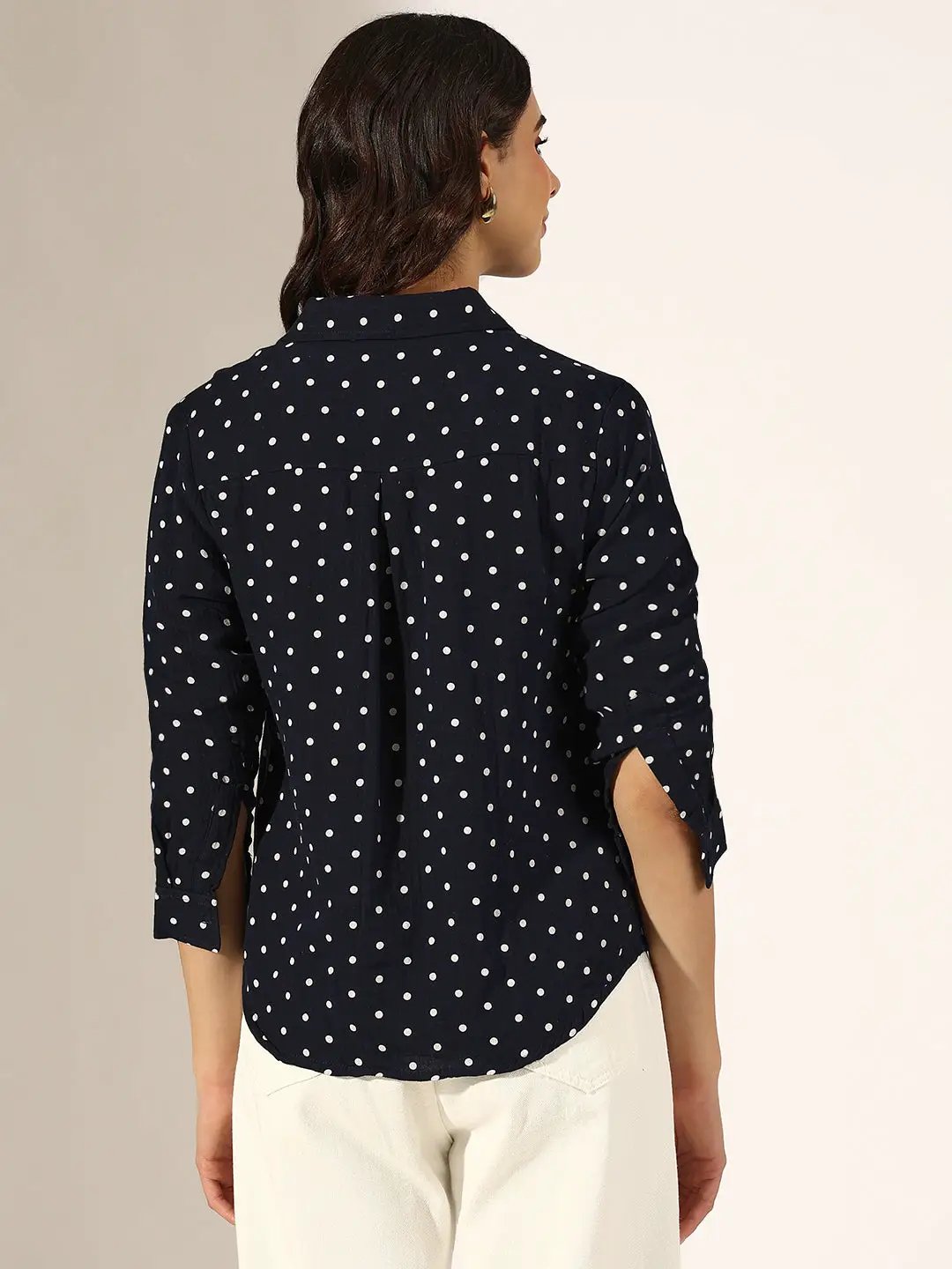 Buy Women's Navy Blue Polka Dot Button-Down Shirt | Showoffff Buy Women's Navy Blue Polka Dot Button-Down Shirt | Showoffff
