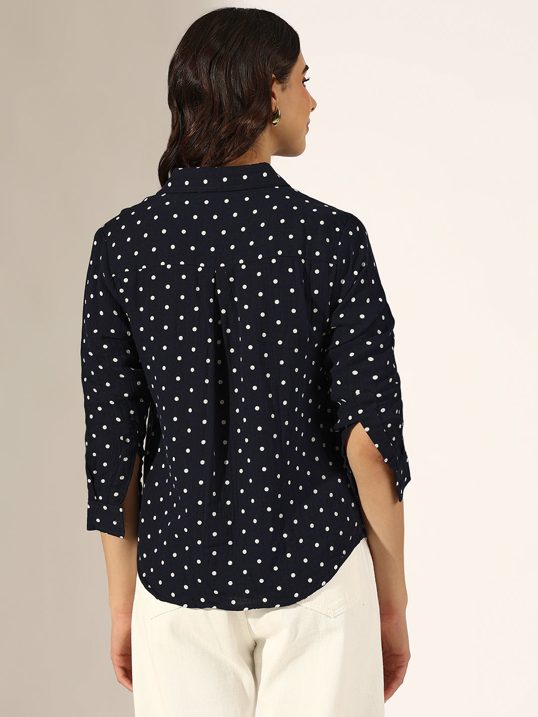 Women's Navy Blue Polka Dot Button-Down Shirt
