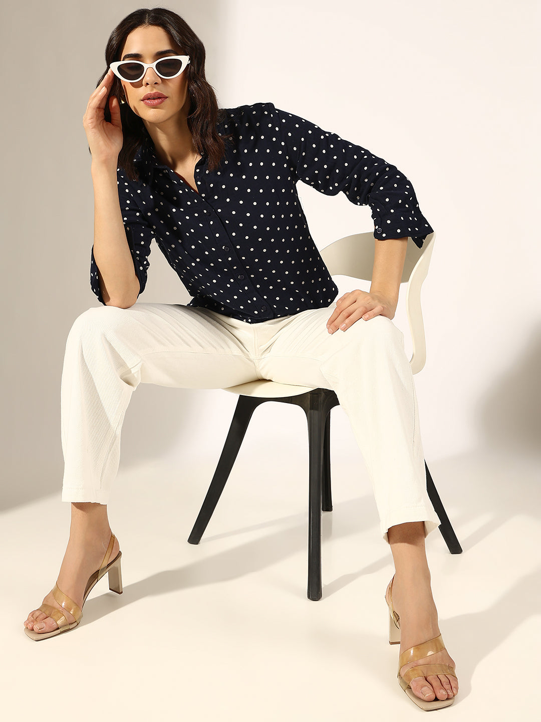 Women's Navy Blue Polka Dot Button-Down Shirt