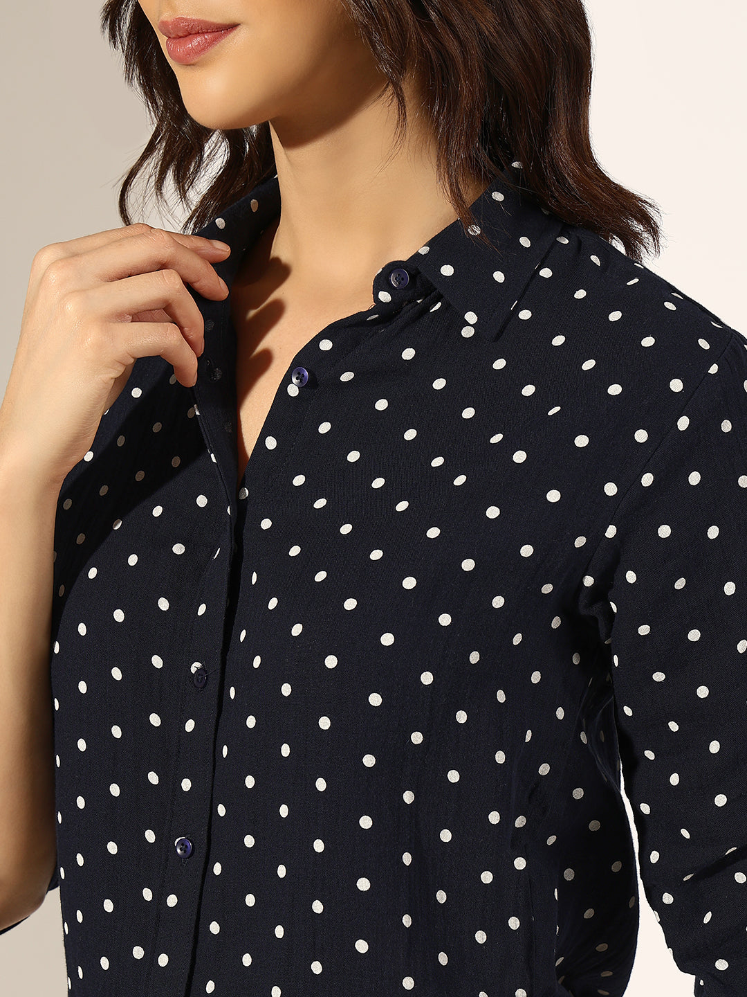 Women's Navy Blue Polka Dot Button-Down Shirt