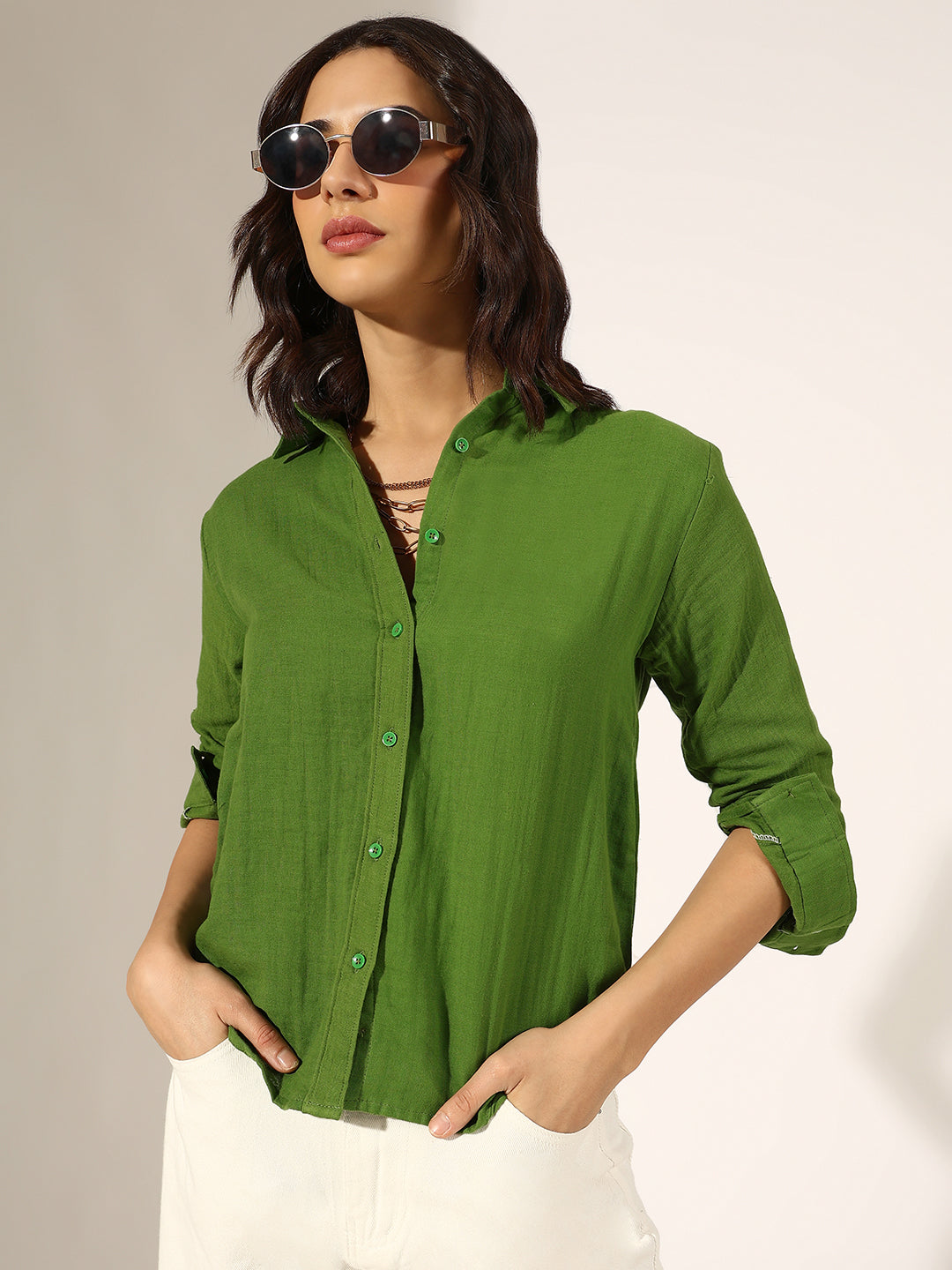 Women's Green Casual Button-Down Shirt