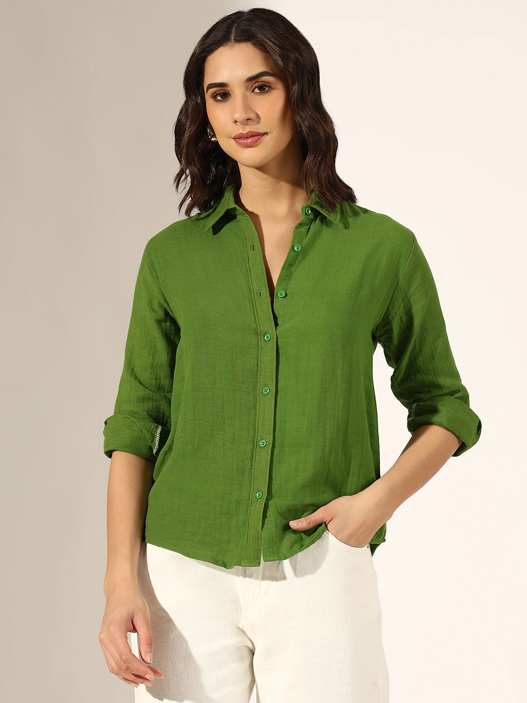 Women's Green Casual Button-Down Shirt