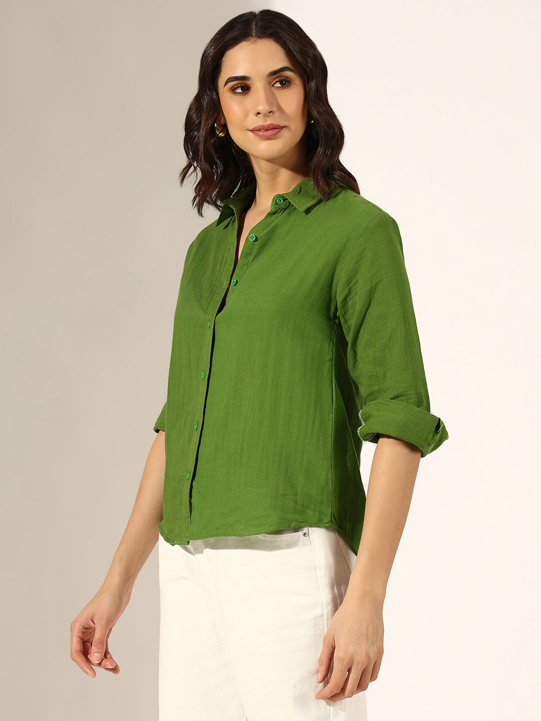Women's Green Casual Button-Down Shirt