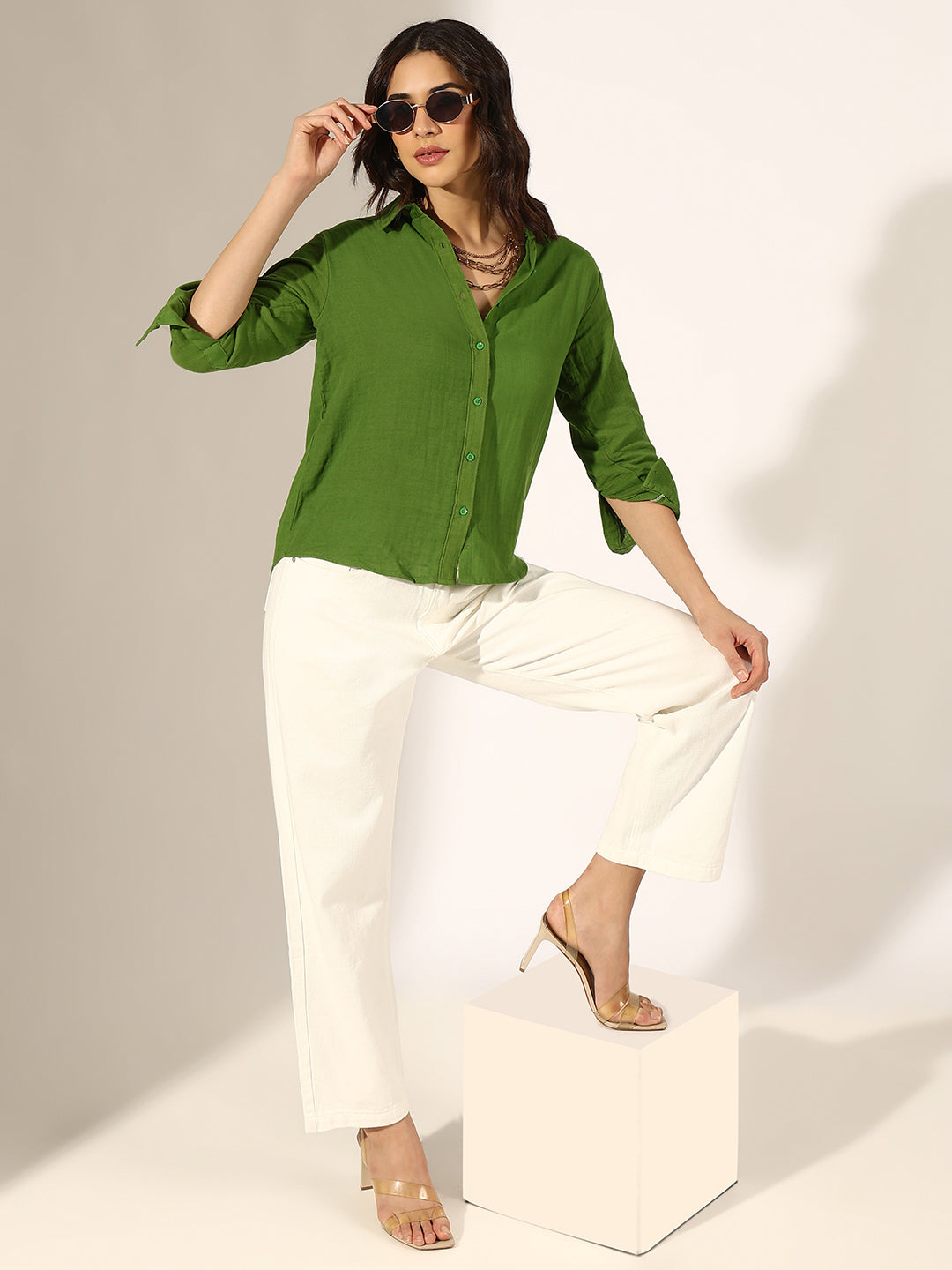 Women's Green Casual Button-Down Shirt