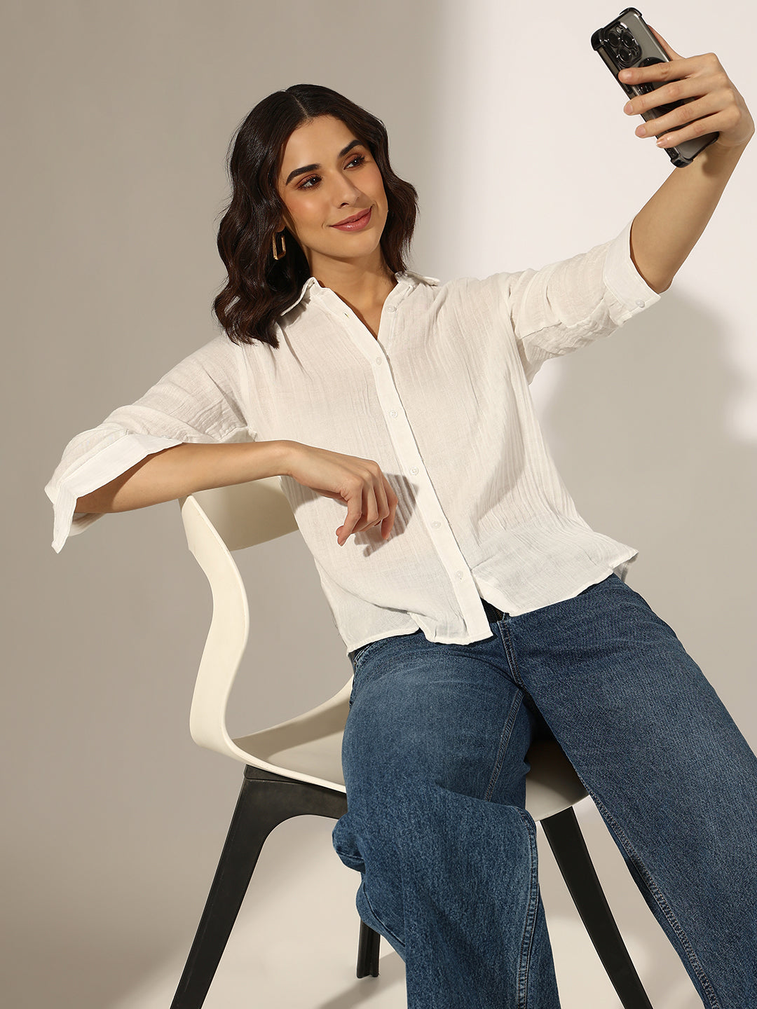 Women's Textured White Button-Down Shirt