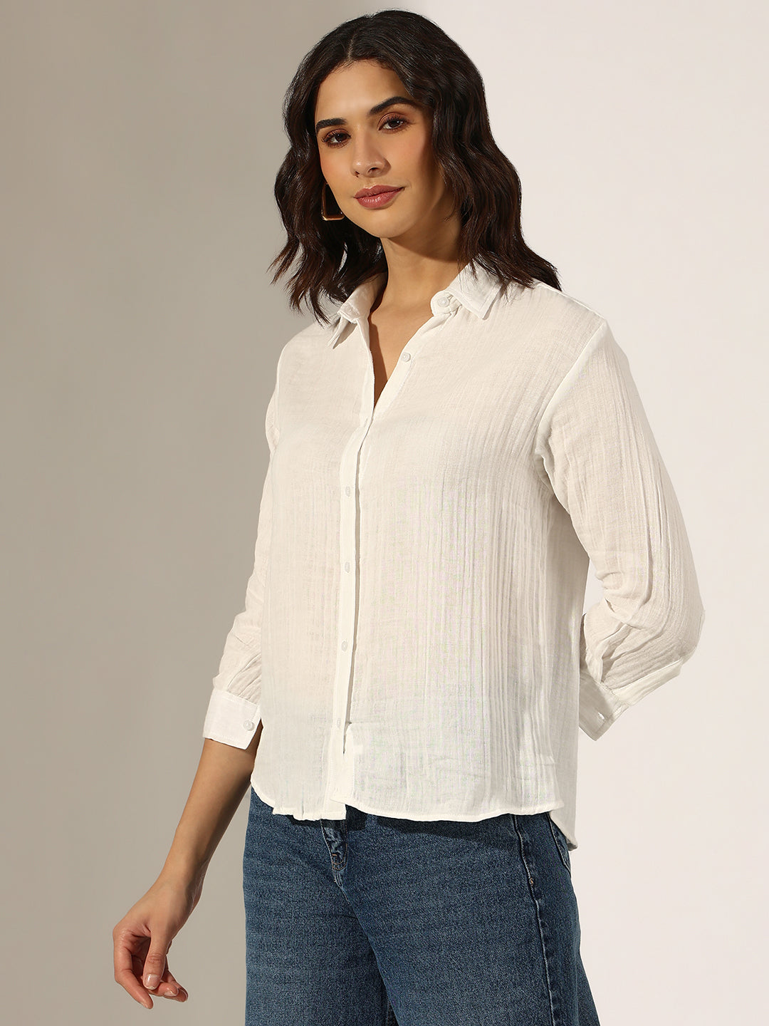 Women's Textured White Button-Down Shirt