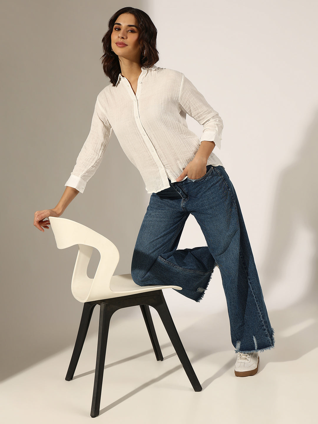 Women's Textured White Button-Down Shirt