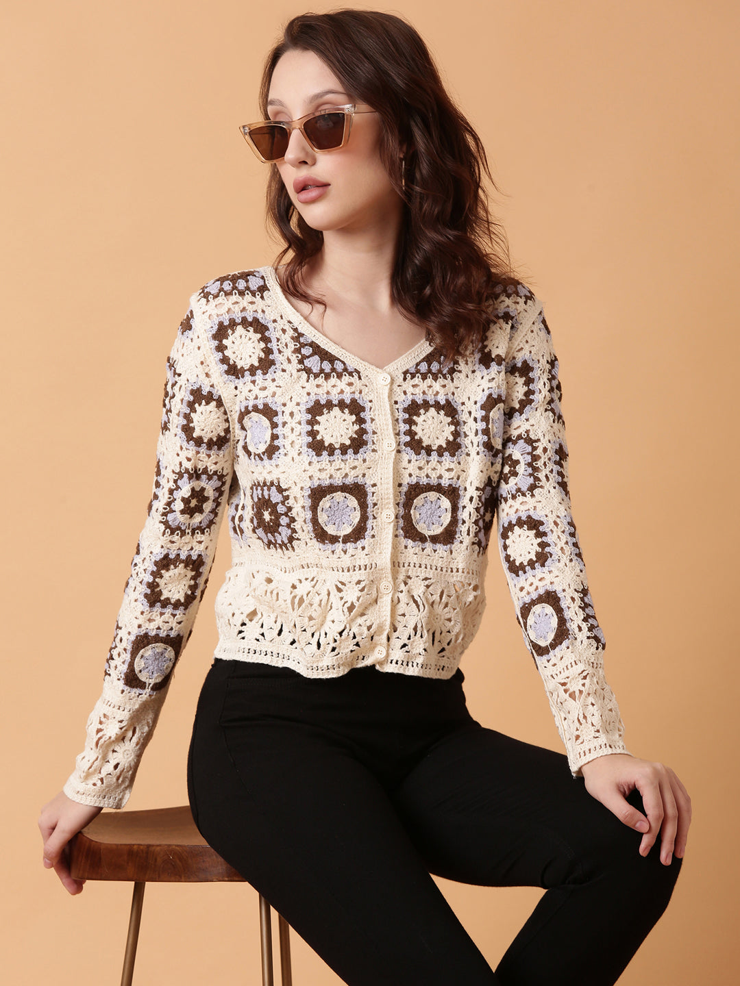 Women Brown Geometric Crochet Top