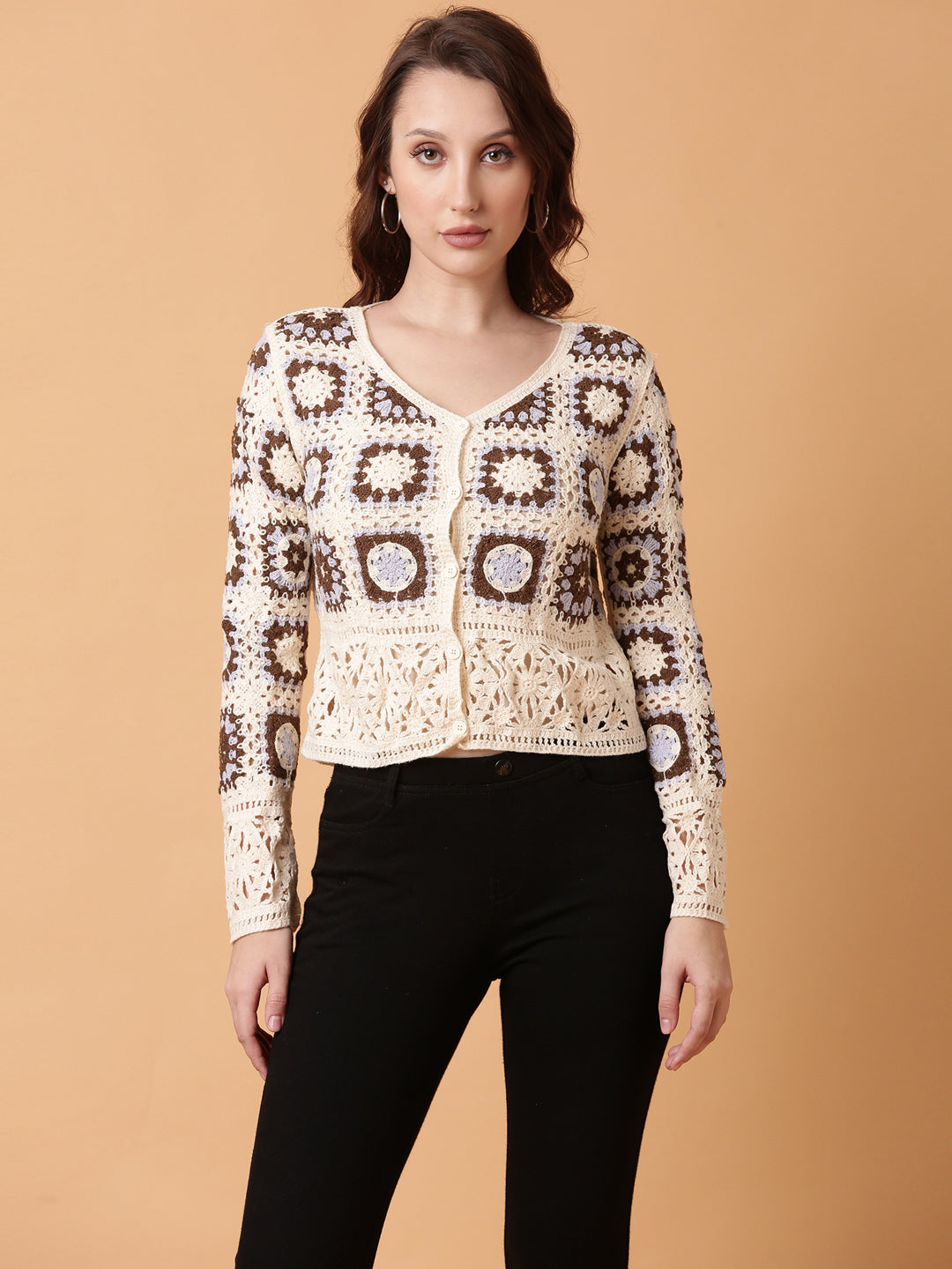 Women Brown Geometric Crochet Top