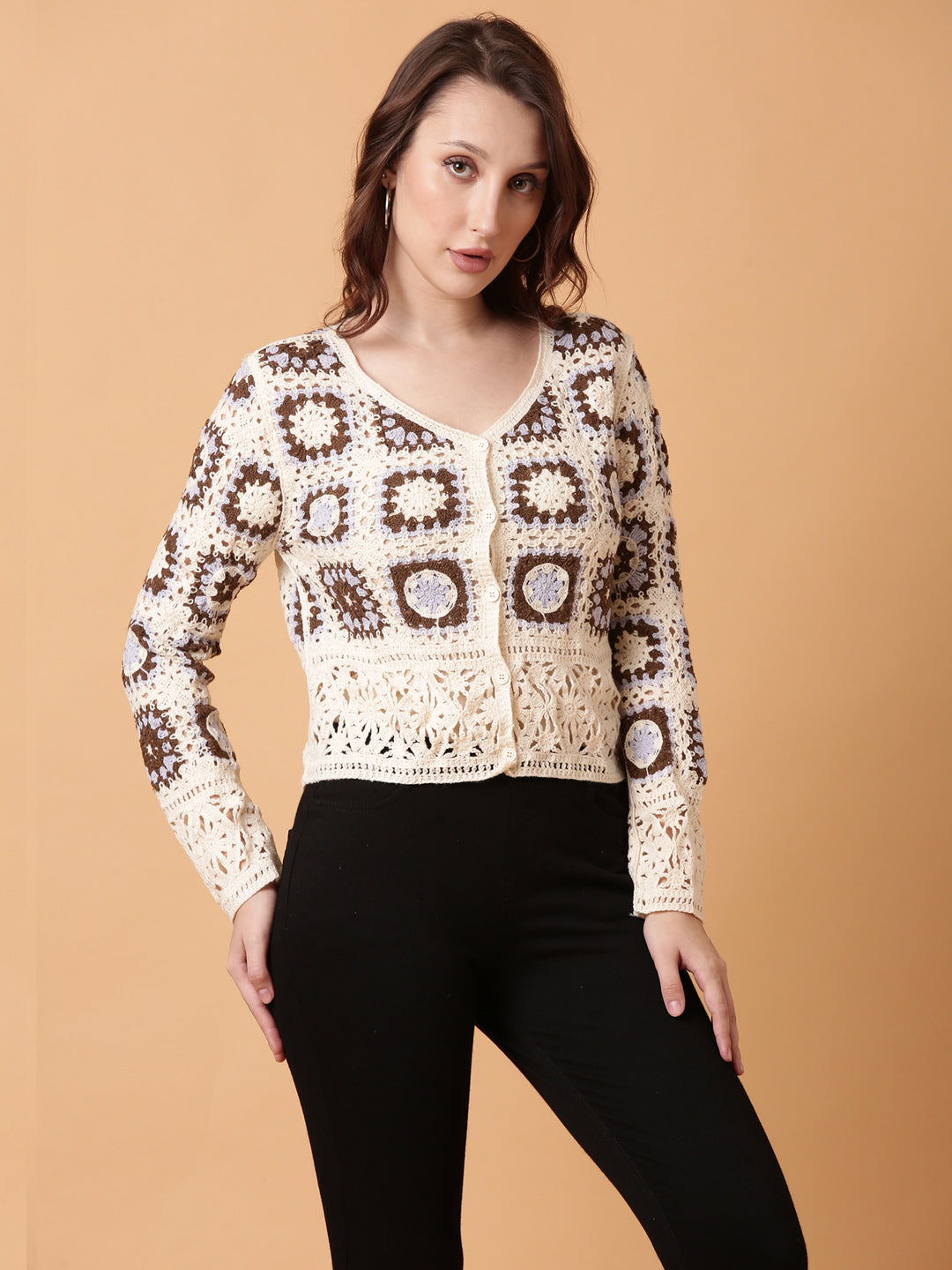 Women Brown Geometric Crochet Top