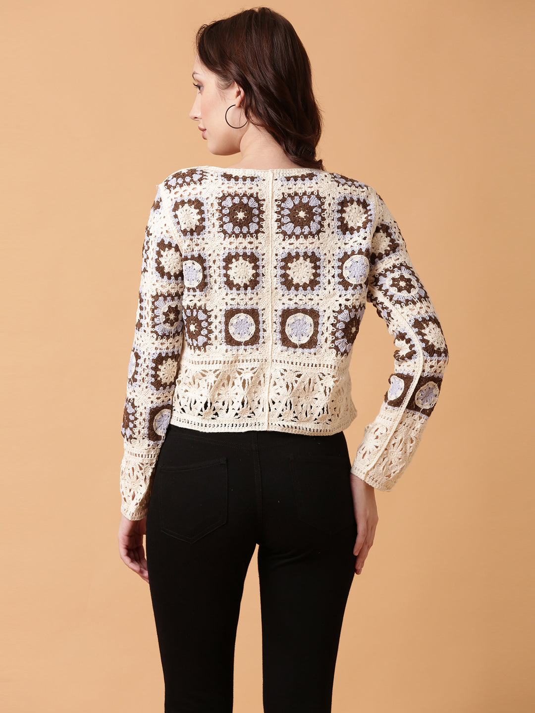 Women Brown Geometric Crochet Top