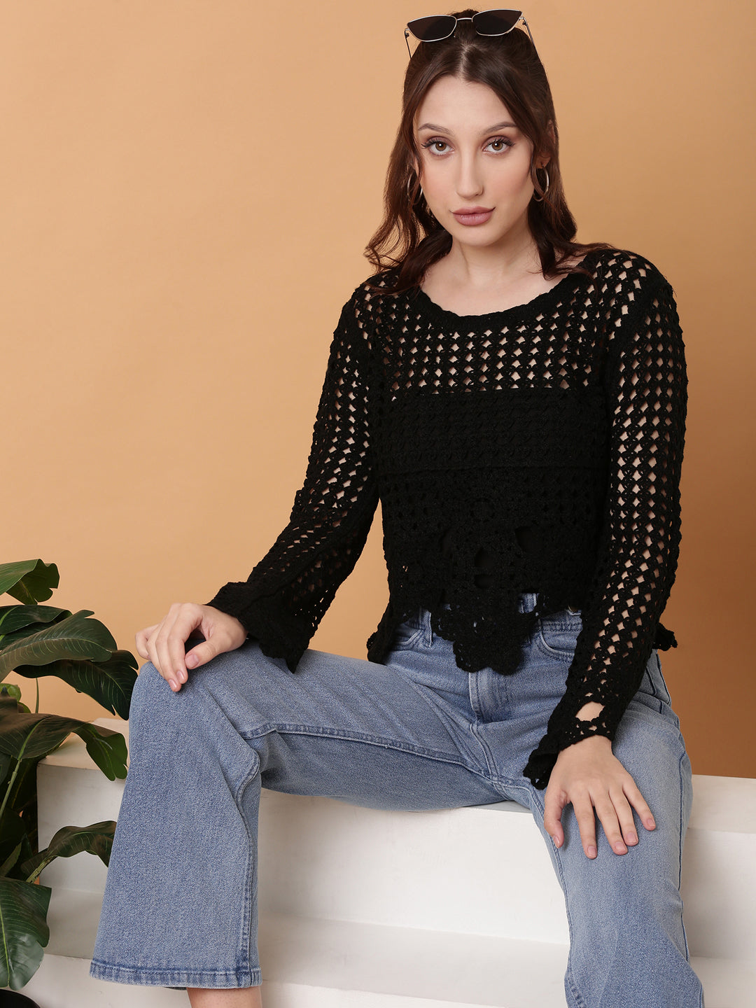 Women's Black Solid Crochet Top
