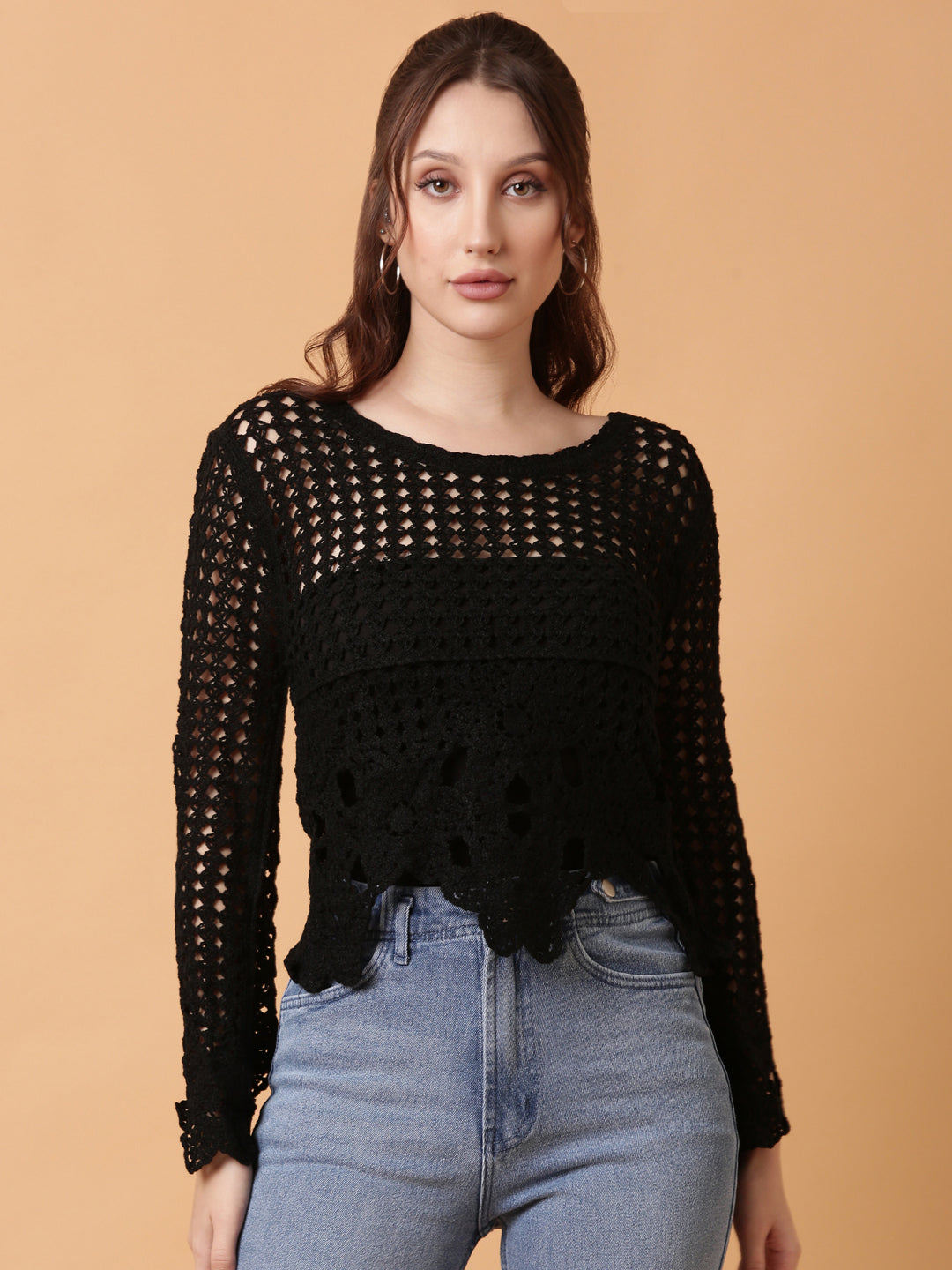 Women's Black Solid Crochet Top