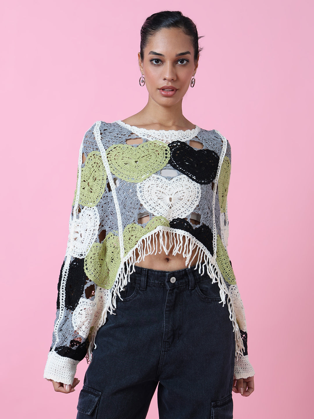 Women Green Solid Crochet Crop Top