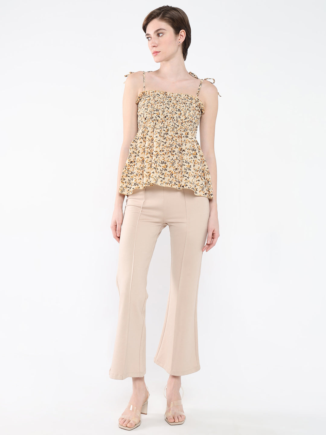 Women Floral Beige Peplum Top