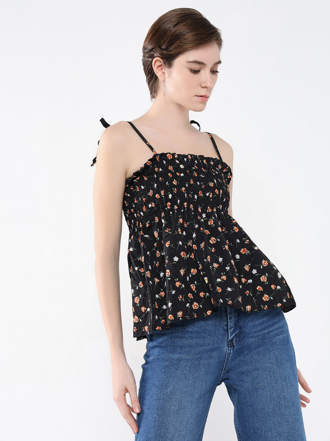 Women Floral Black Peplum Top