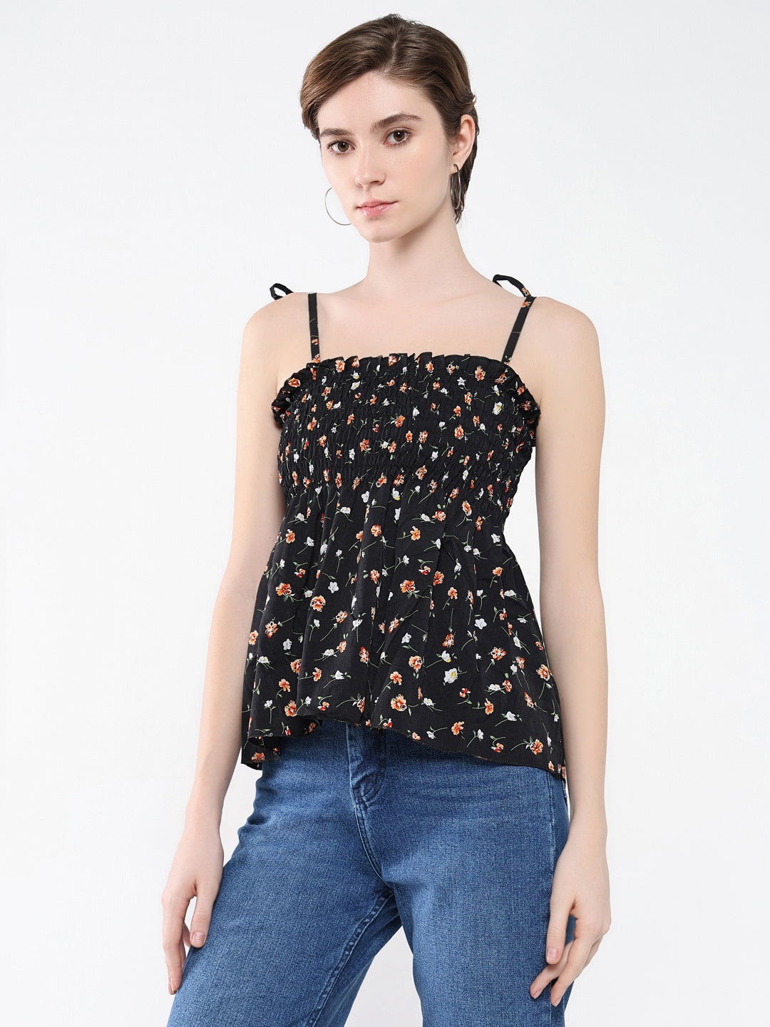 Women Floral Black Peplum Top