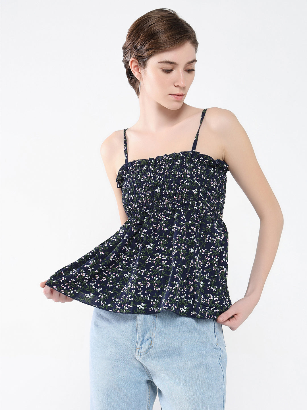 Women Floral Navy Blue Peplum Top