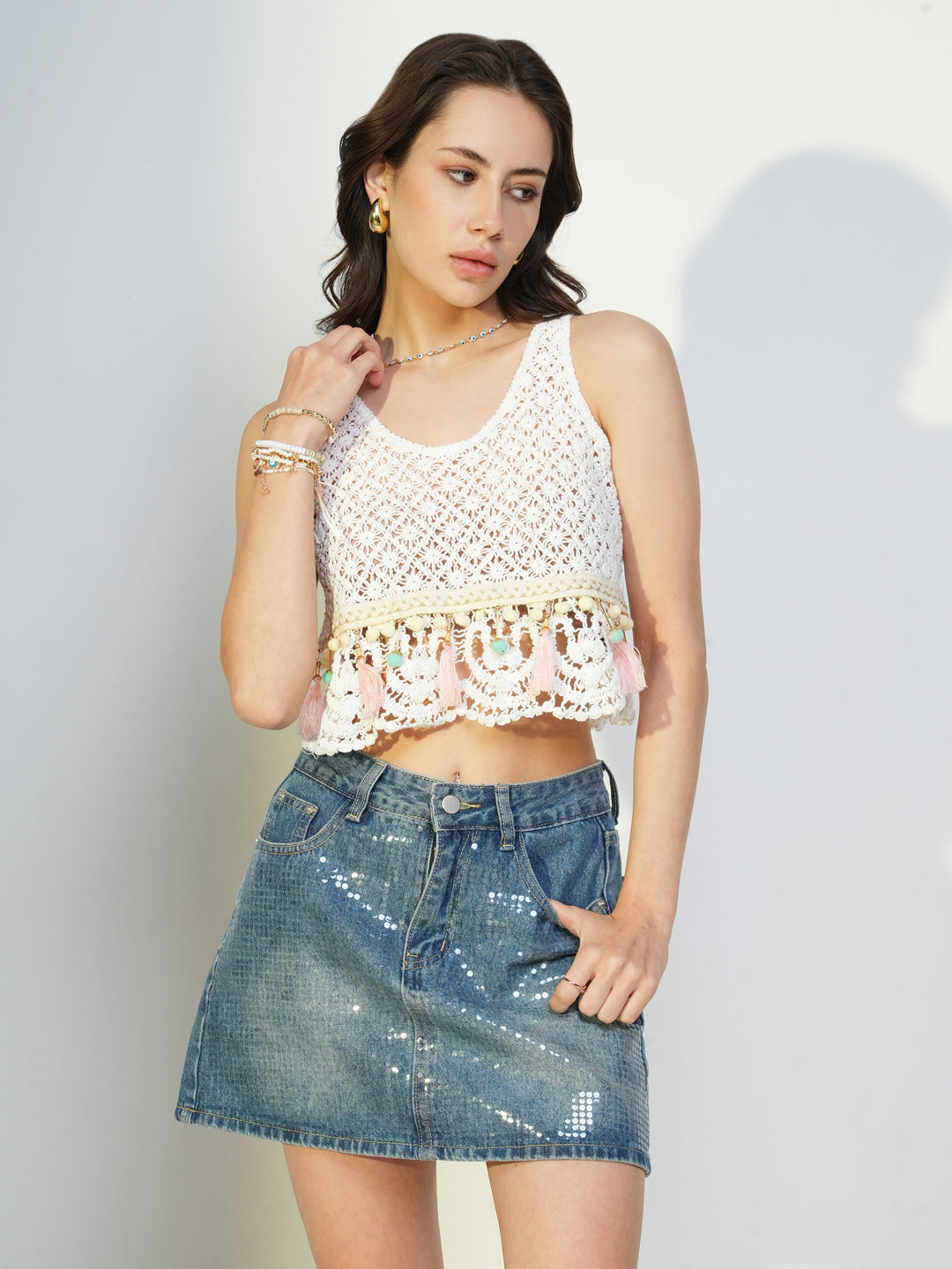 Women White Solid Crochet Crop Top