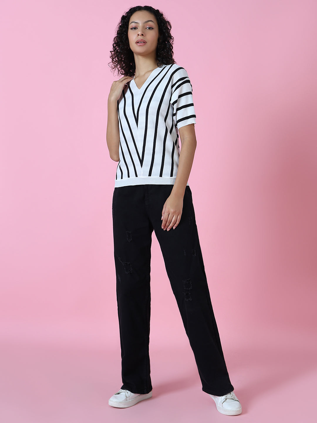 Women White Striped Top