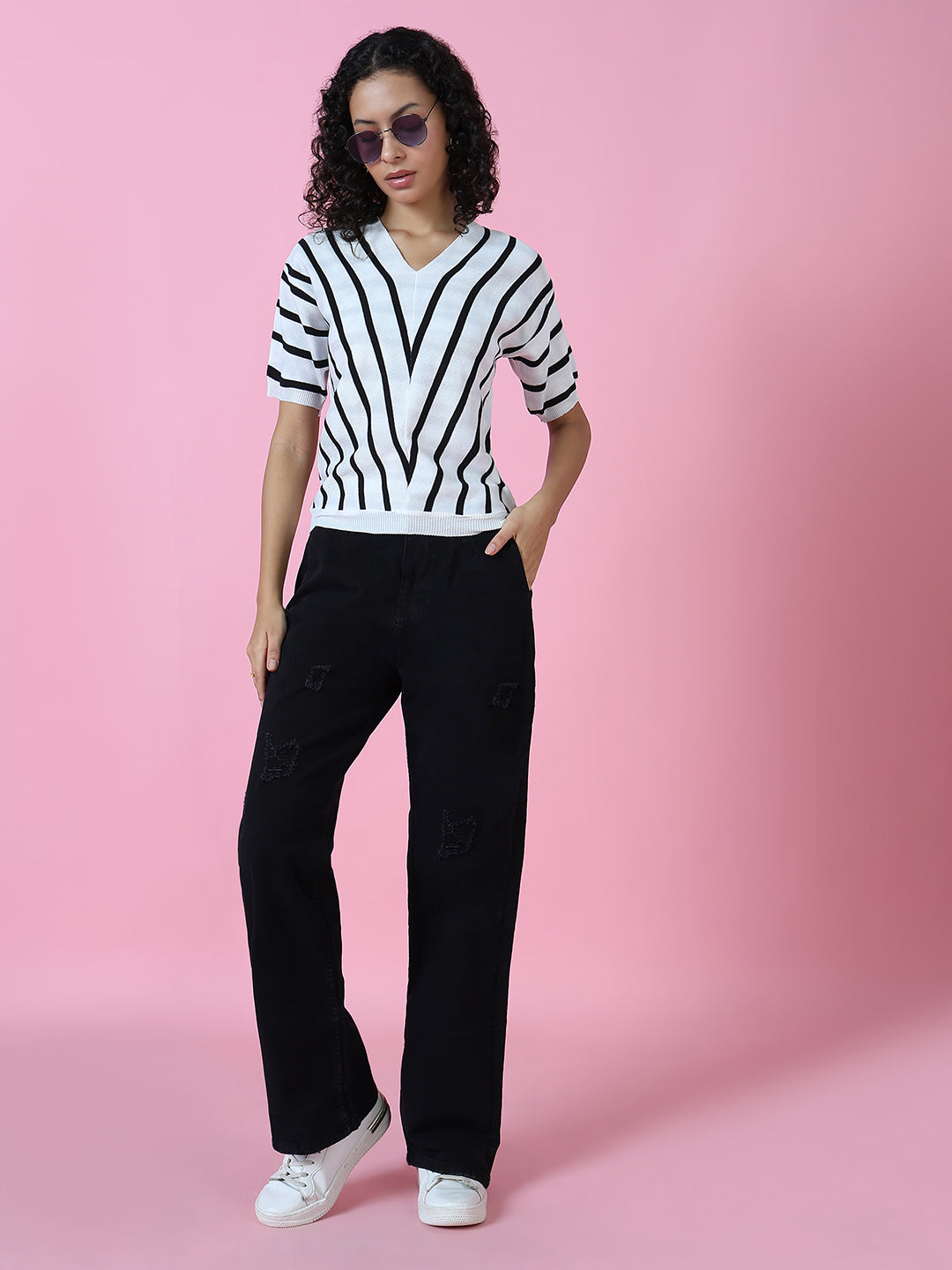 Women White Striped Top