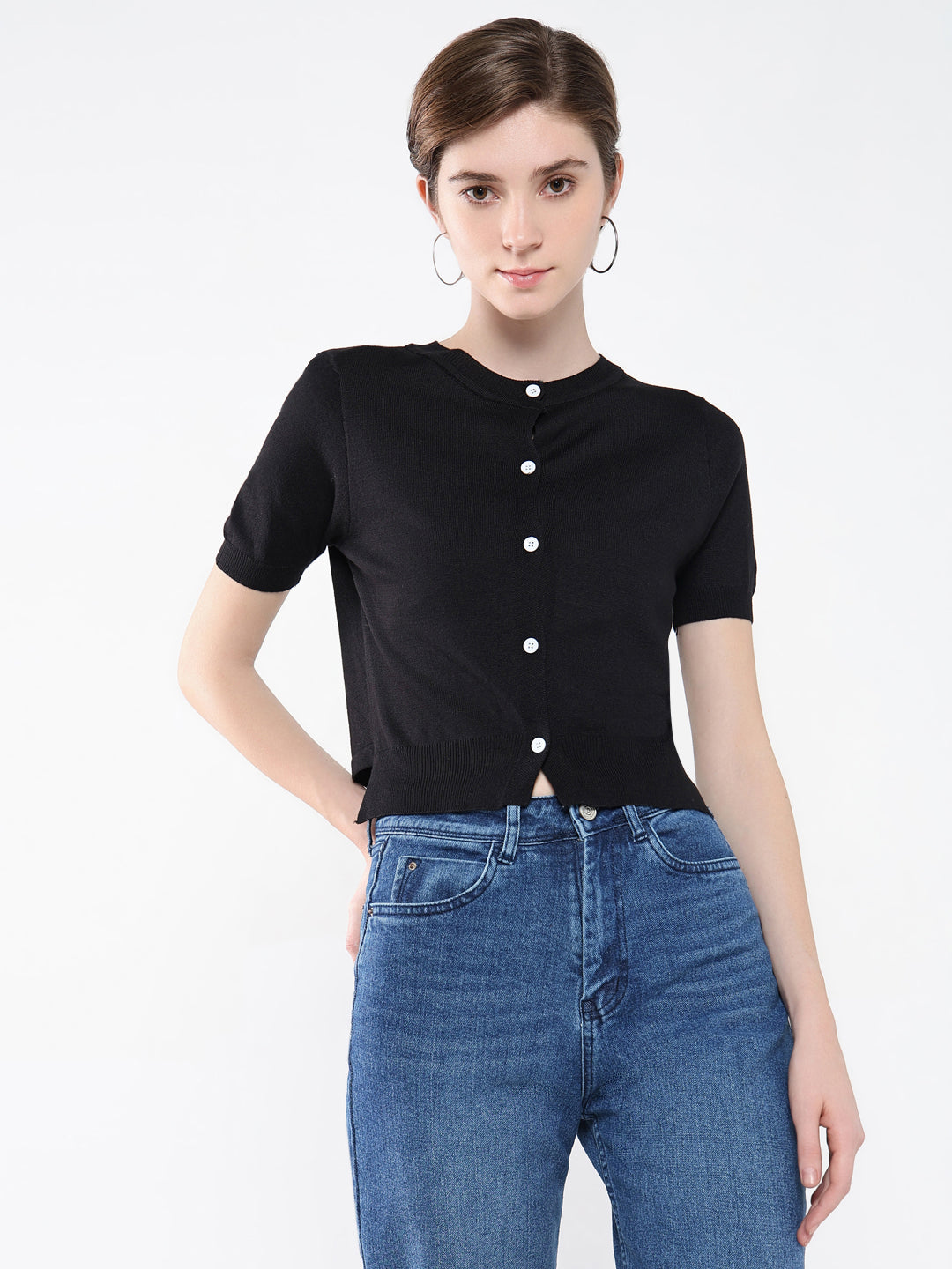 Women Black Solid Styled Back Top