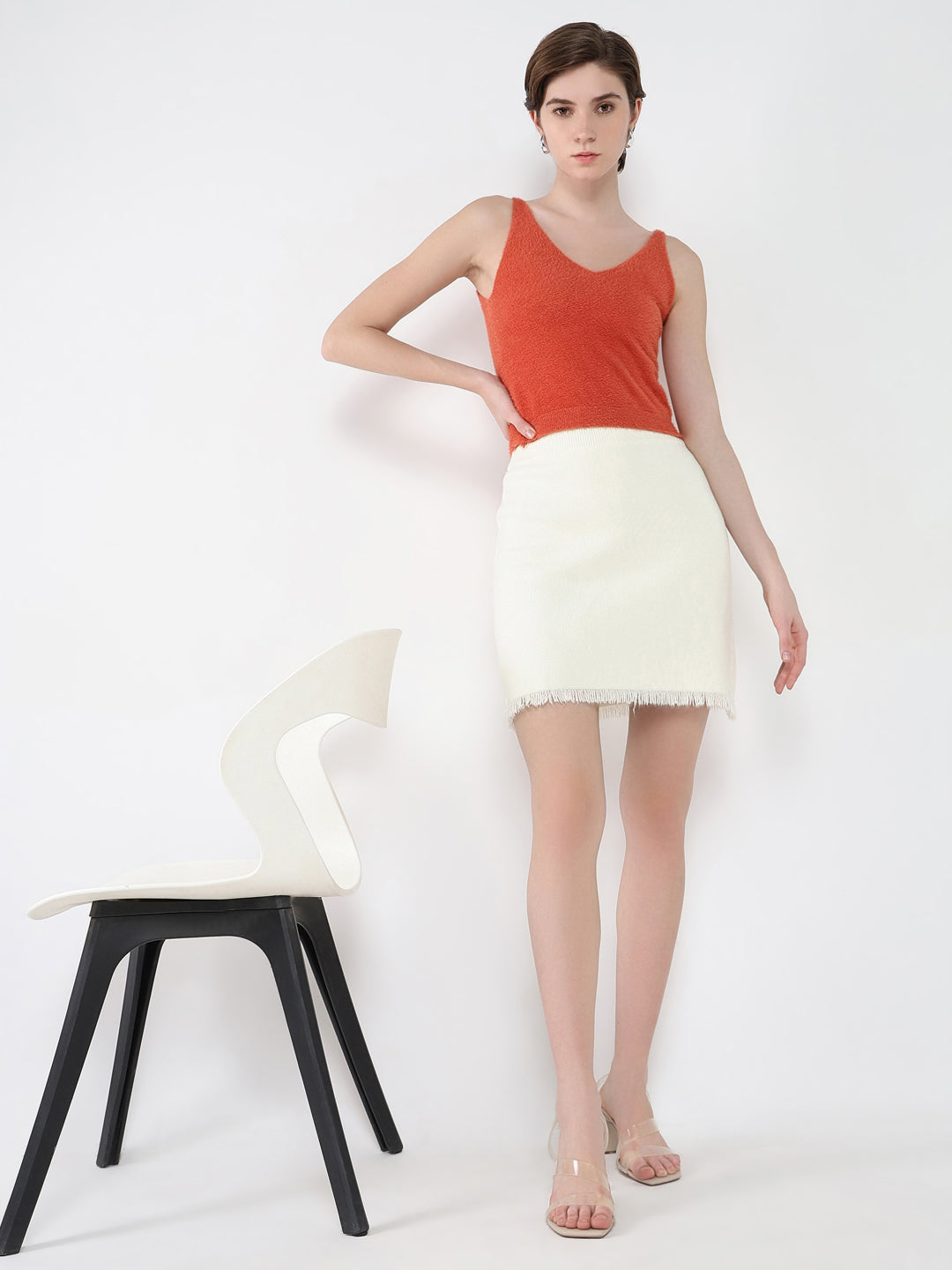 Women Solid Coral Fitted Top