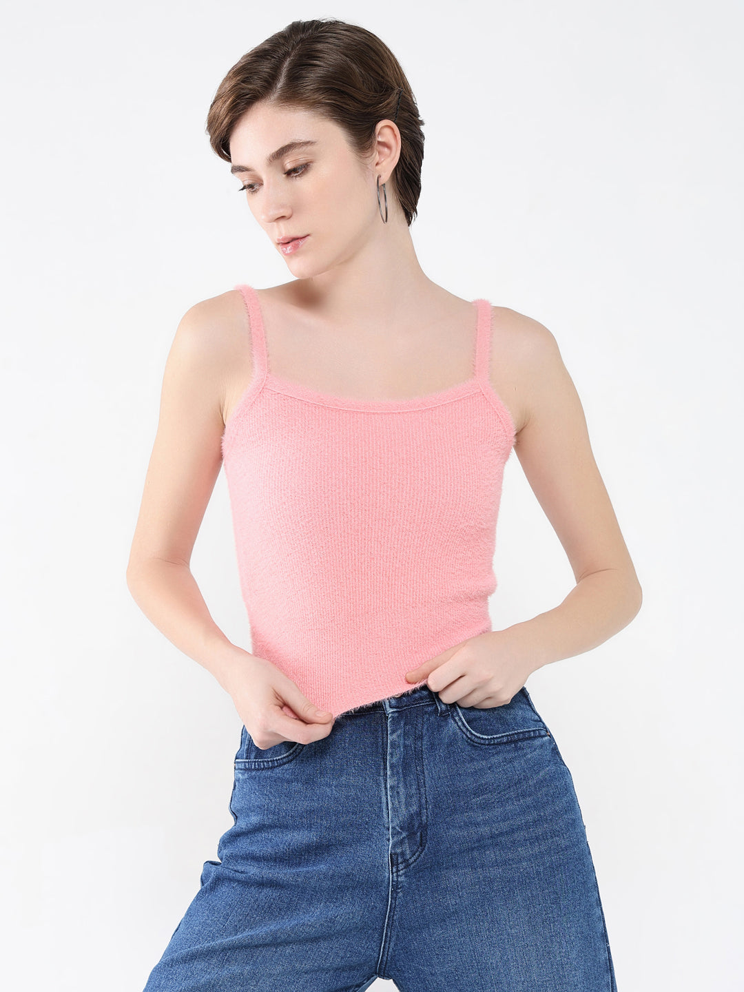 Women Solid Pink Fitted Top