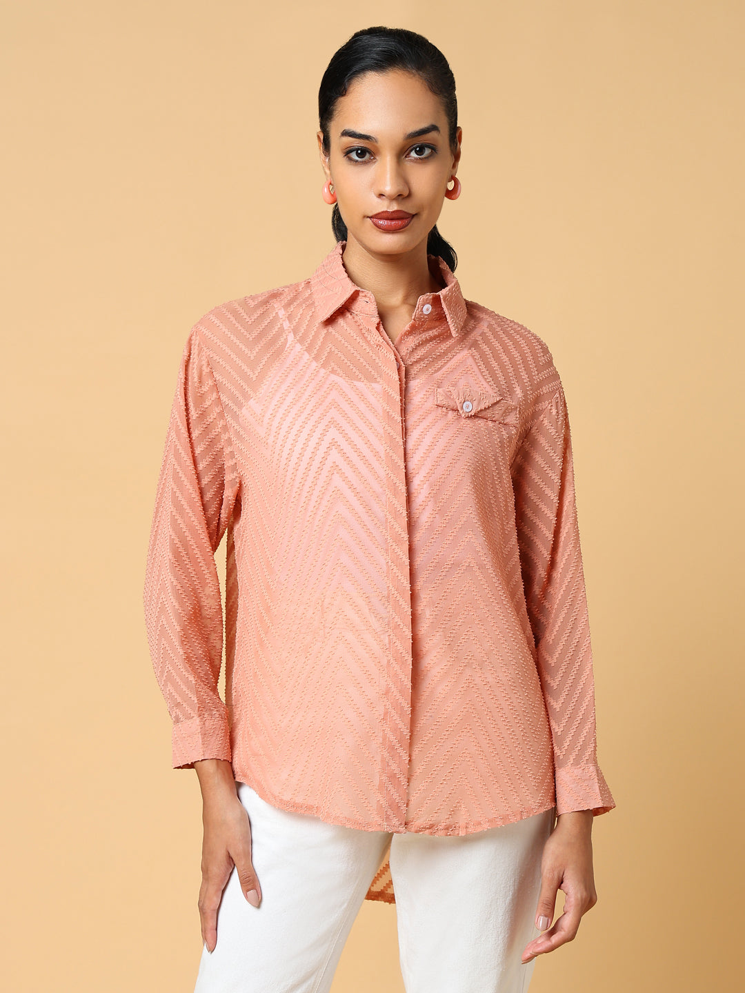 Women Peach Checked Shirt