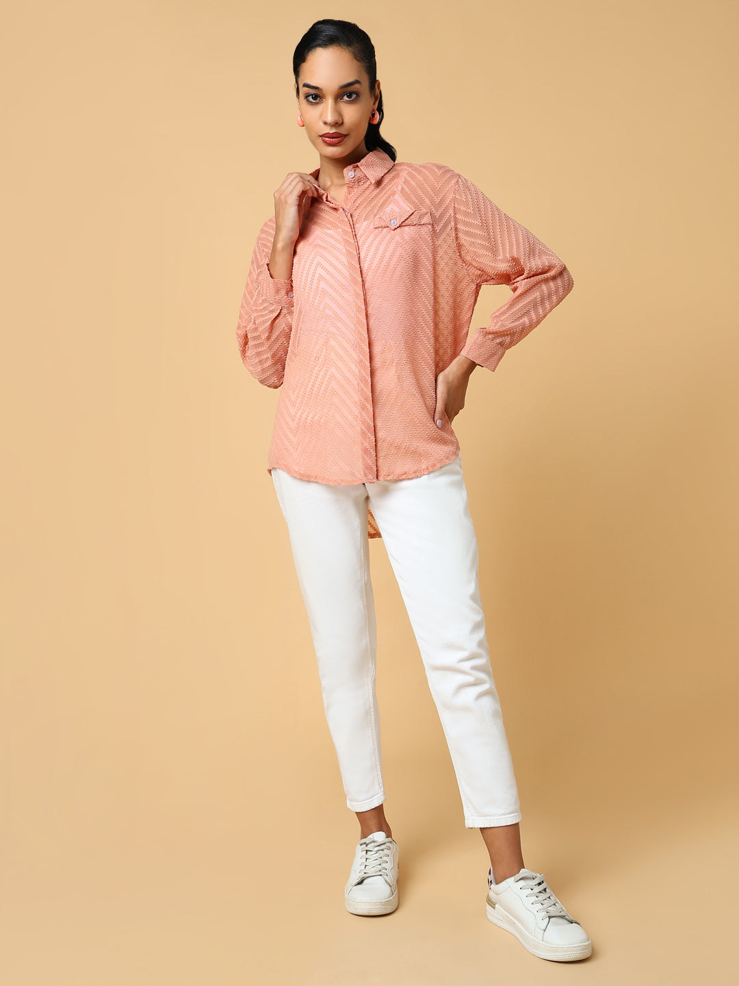 Women Peach Checked Shirt