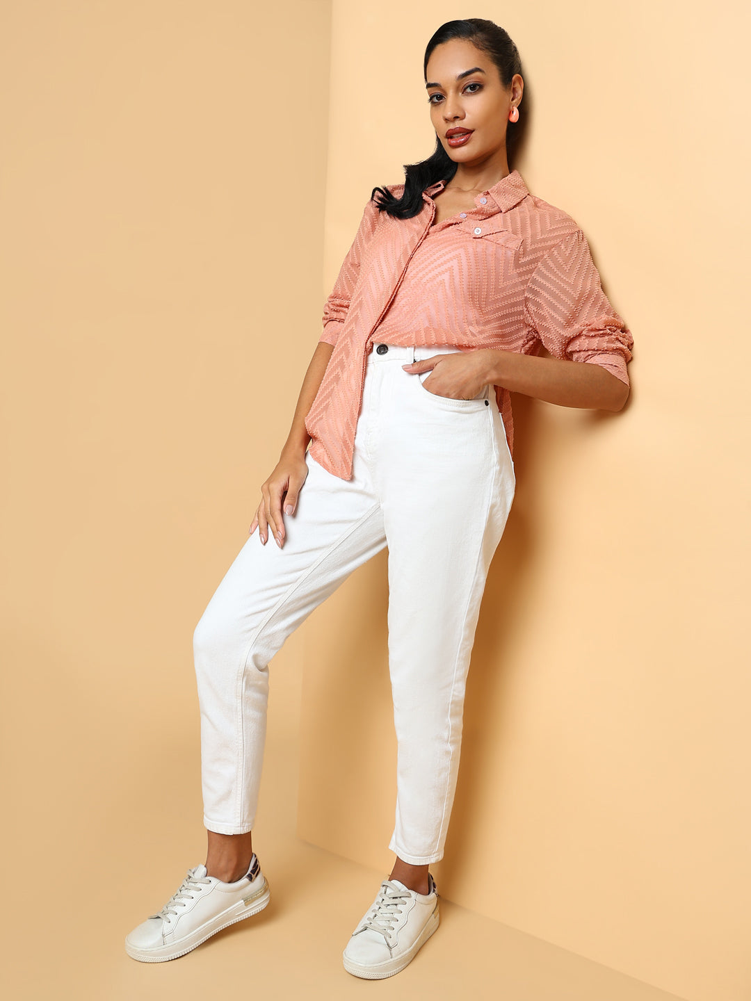 Women Peach Checked Shirt