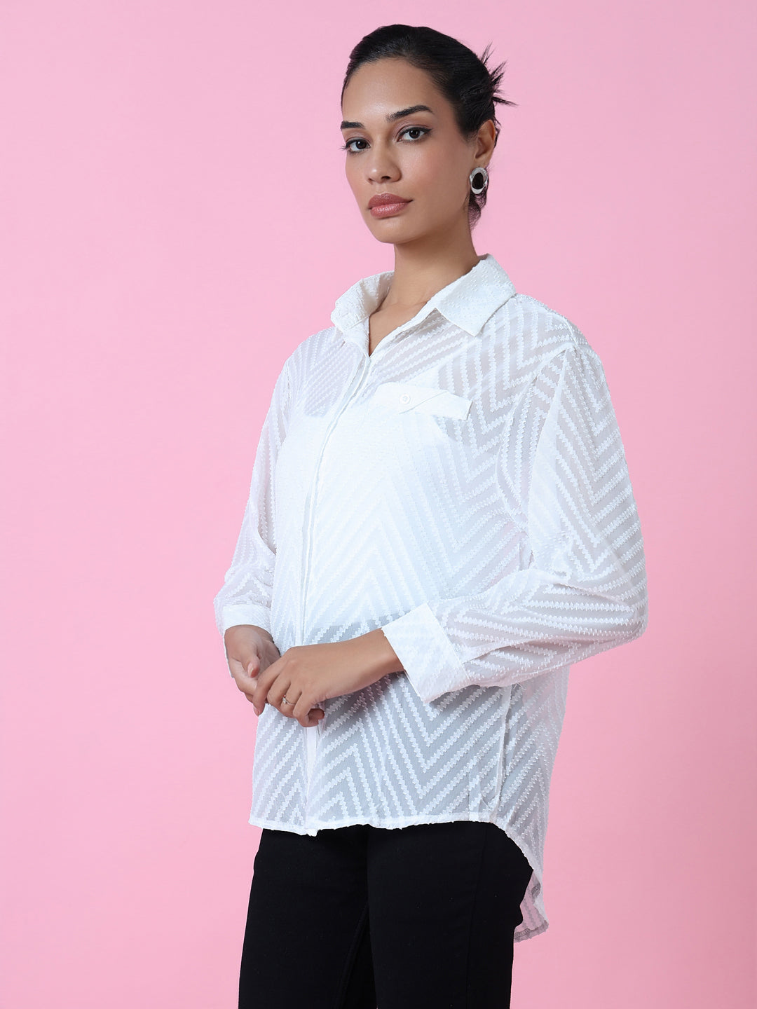 Women White Chevron Slim Fit Shirt