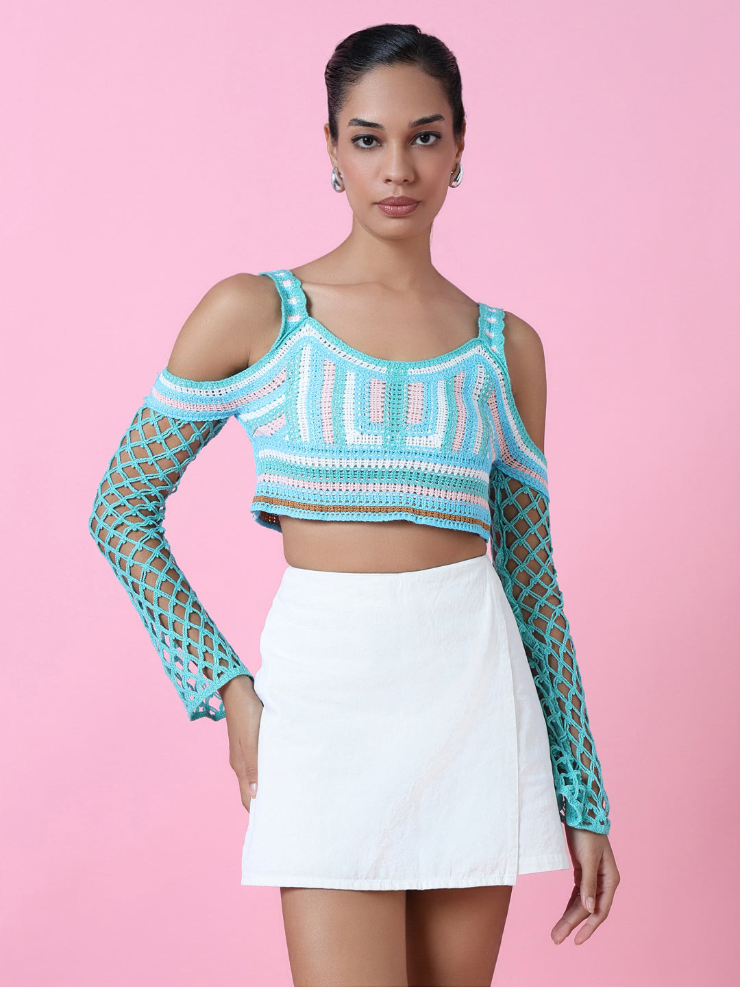 Women Blue Solid Crochet Crop Top