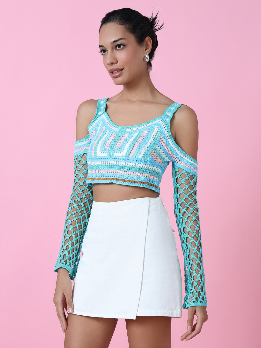 Women Blue Solid Crochet Crop Top