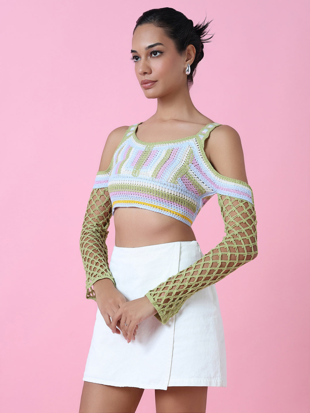 Women Green Solid Crochet Crop Top