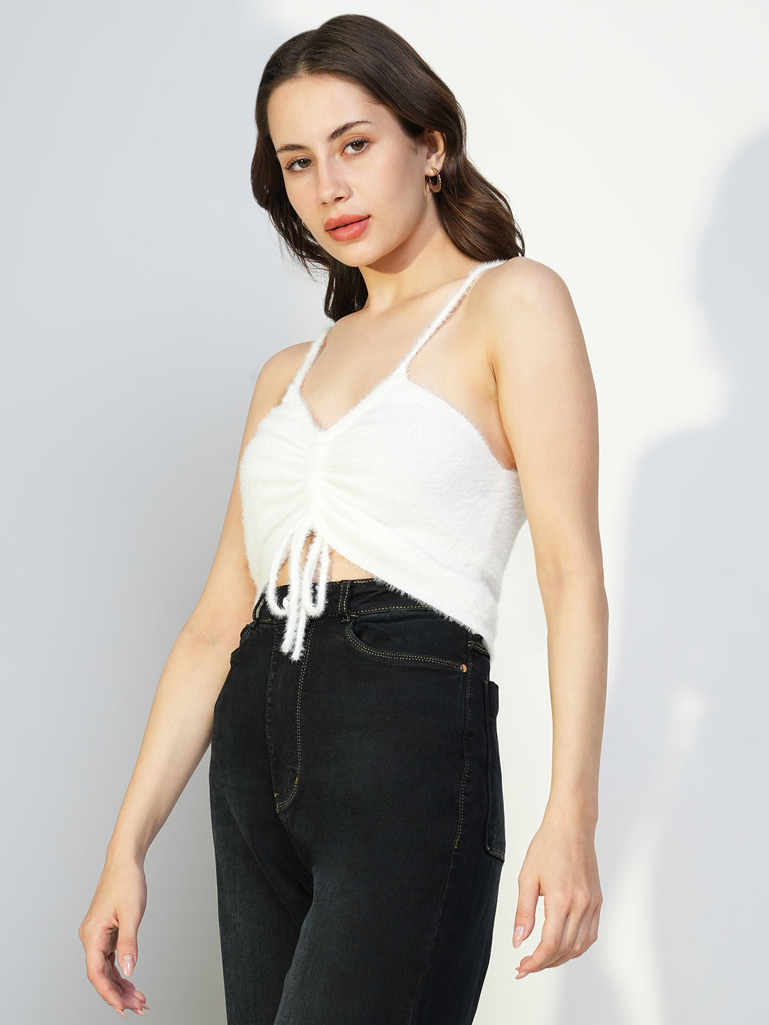 Women White Solid Ruched Crop Top