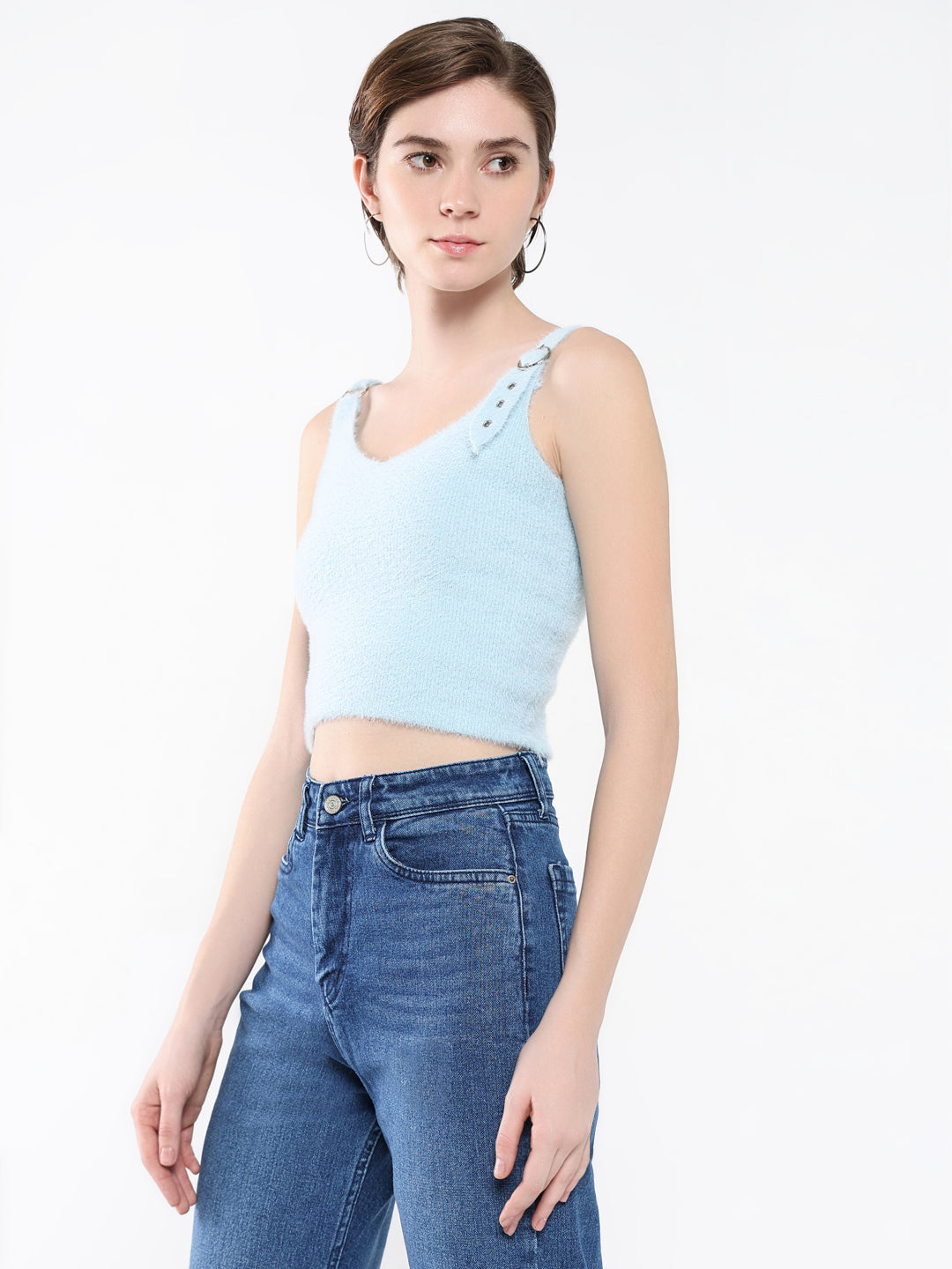 Women Solid Blue Tank Top