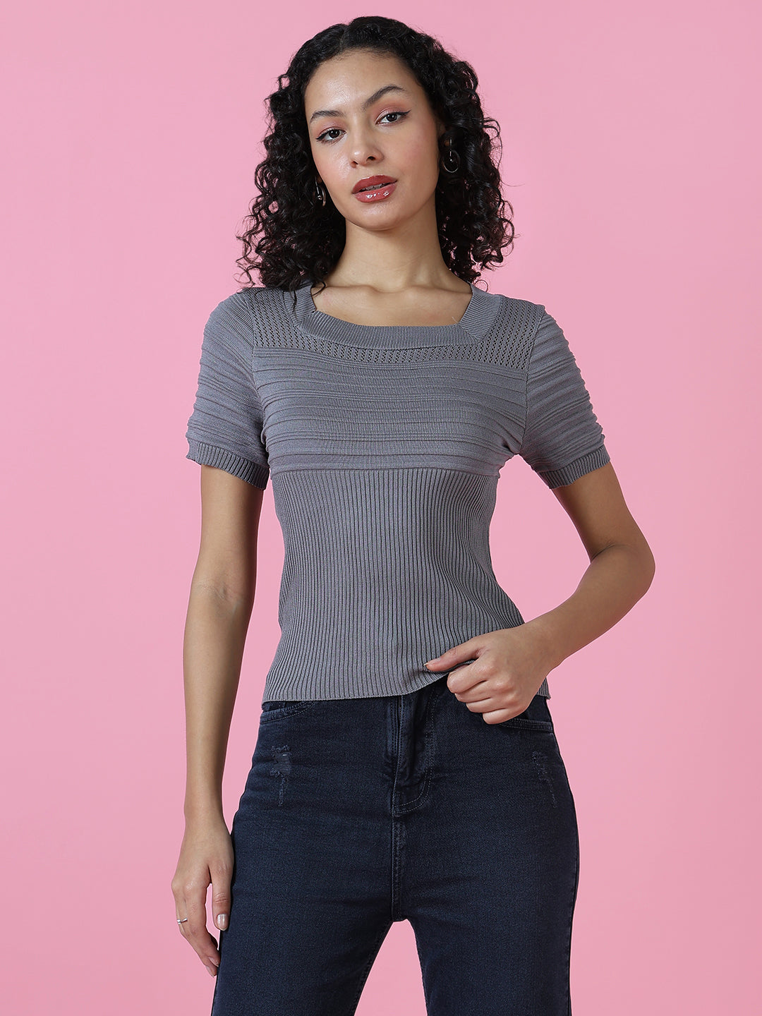 Women Grey Solid Crochet Top