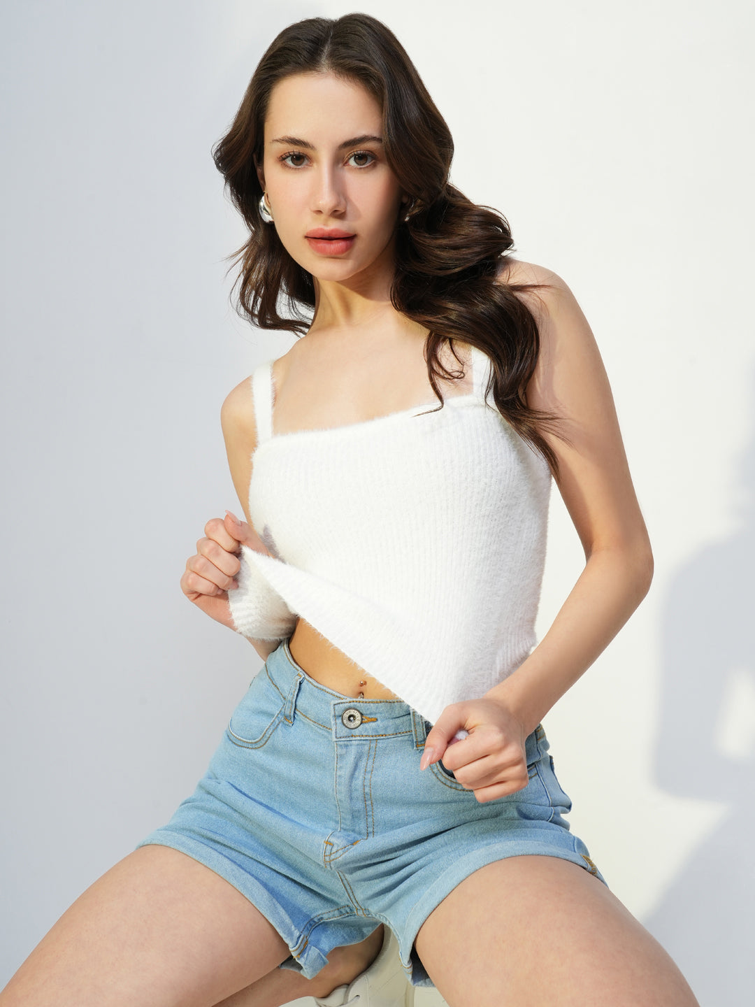 Women White Solid Crop Top